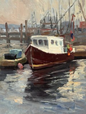 Impressionist harbor oil painting of a red fishing boat moored among docks and rigging, with shimmering water reflections, muted coastal light, and expressive brushwork capturing a working waterfront scene.