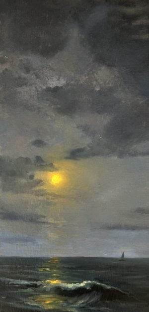 Original oil seascape painting of moonlight reflecting across the ocean beneath dramatic clouds with rolling waves and a distant sailboat.