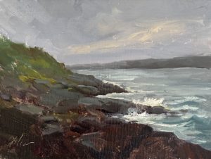 Original 6x8 oil painting on panel of a rocky coastal headland with gentle waves, green cliffs, and soft gray skies in an impressionist style.