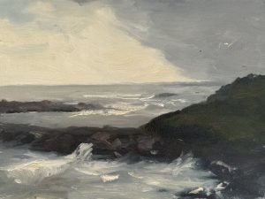 Original 6x8 oil painting on panel of dramatic storm clouds lifting over a rocky coastline with foamy ocean waves and soft evening light.