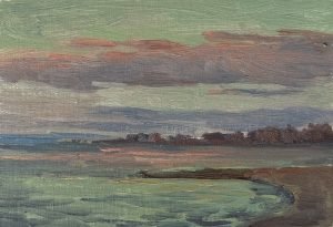 Original oil landscape painting of a coastal marsh beneath dramatic clouds with soft green water, distant shoreline, and muted evening light. Contemporary impressionist oil on linen.