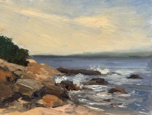 Original 6x8 oil painting on panel of a rocky coastline with gentle ocean waves, warm evening light, and a peaceful coastal landscape in an impressionist style.