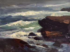 Original 6x8 oil painting on panel of crashing ocean waves against rugged coastal cliffs with foamy surf and dramatic blue-green water.