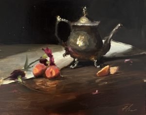 Original oil painting of a vintage silver teapot with ripe peaches, flowers, and citrus on a rustic tabletop illuminated by warm natural light. Contemporary impressionist still life, oil on panel.