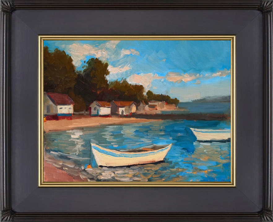 Impressionist coastal oil painting featuring white rowboats floating in turquoise water beside colorful seaside cottages, with bright blue skies, soft reflections, and sunlit Mediterranean charm.