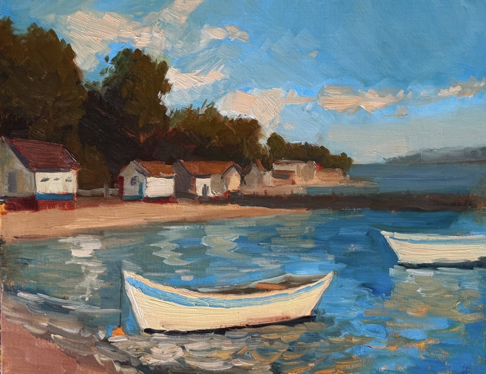 Impressionist coastal oil painting featuring white rowboats floating in turquoise water beside colorful seaside cottages, with bright blue skies, soft reflections, and sunlit Mediterranean charm.