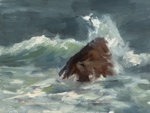 Oil painting of a powerful ocean wave crashing over a rugged coastal rock with foamy surf and dramatic storm clouds in an impressionist style.
