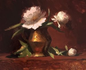Original oil painting of white peonies arranged in a warm copper vase against a rich burgundy background. Contemporary impressionist floral still life with expressive brushwork, oil on panel.