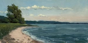 Original oil painting of a sandy beach with calm blue water, green shoreline trees, and soft clouds in a serene coastal landscape.