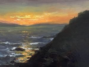 Original 6x8 oil painting on panel depicting a dramatic coastal cliff at sunset with glowing orange skies, crashing ocean waves, and rocky shoreline in an impressionistic style.