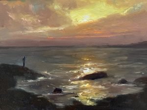 Oil painting of a glowing sunset over the ocean with rocky shoreline, shimmering reflections, and a lone figure overlooking the water.