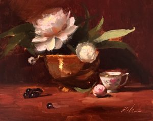 Original oil painting of white peonies in a warm copper vase with a porcelain teacup and dark grapes on a burgundy tabletop. Contemporary impressionist floral still life, oil on panel.