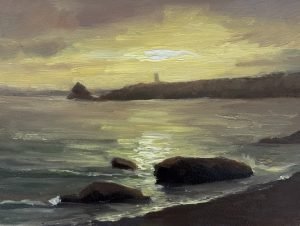 Original 6x8 oil painting on panel of a peaceful coastal seascape at golden hour with shimmering water, rocky shoreline, distant cliffs, and a glowing evening sky.
