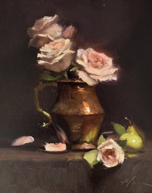 Original oil painting of blush pink roses in a copper vase with a green pear and scattered rose petals on a dark background, painted in a classical still life style.