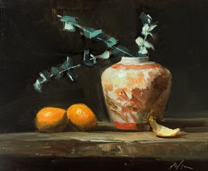 Original oil still life painting featuring an orange and white ginger jar with eucalyptus branches, two bright oranges, and a peeled citrus segment against a dark background in a contemporary impressionist style.