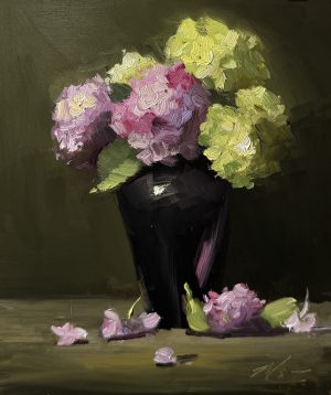 Original oil painting of pink, lavender, and green hydrangeas arranged in a black vase on a tabletop, with fallen petals and a dramatic dark background painted in an expressive impressionist style.