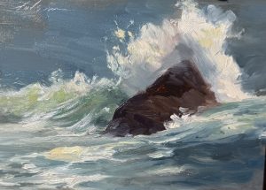 Original oil seascape painting of ocean waves crashing against a dark coastal rock, with foaming turquoise water and dramatic white spray captured in expressive impressionist brushstrokes.