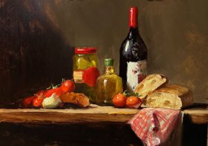 Still life oil painting of an Italian feast with tomatoes, bread, olive oil, wine, and a jar of vegetables arranged on a rustic table.