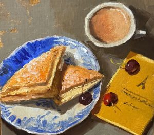 Still life oil painting of pastries and cherries on a blue and white plate beside a cup of coffee and yellow café menu.